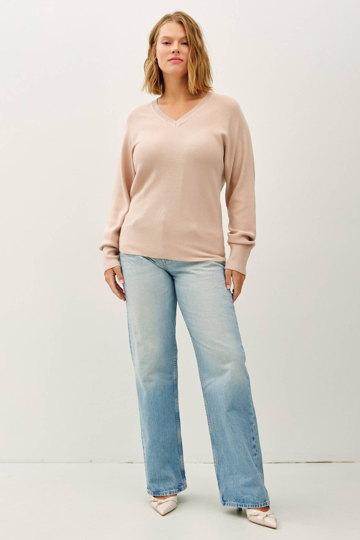 Gianna Plus Size Ribbed V-Neck Oversized Sweater: Blush Taupe