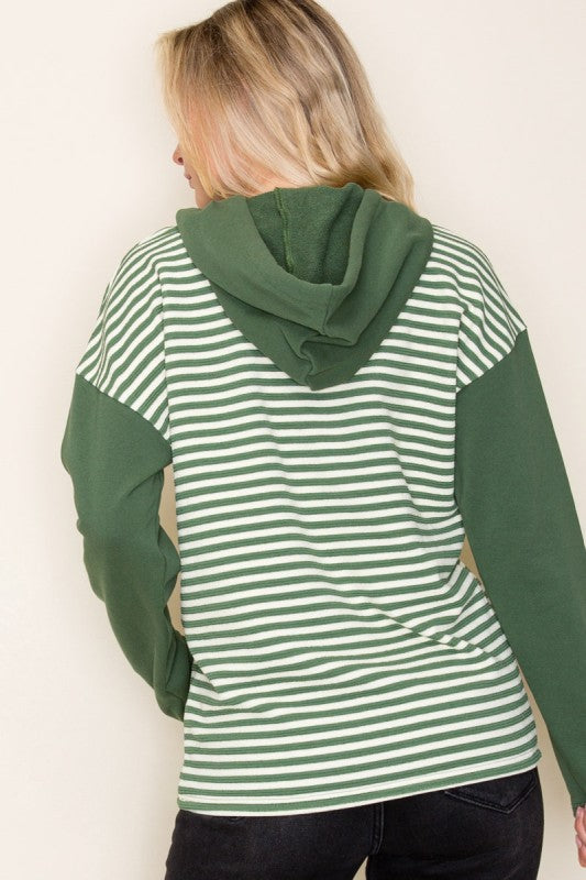 Brinley Striped Half-Button Hoodie – Color-Blocked Long Sleeve Top with Chest Pocket