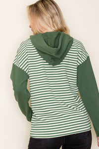 Brinley Striped Half-Button Hoodie – Color-Blocked Long Sleeve Top with Chest Pocket