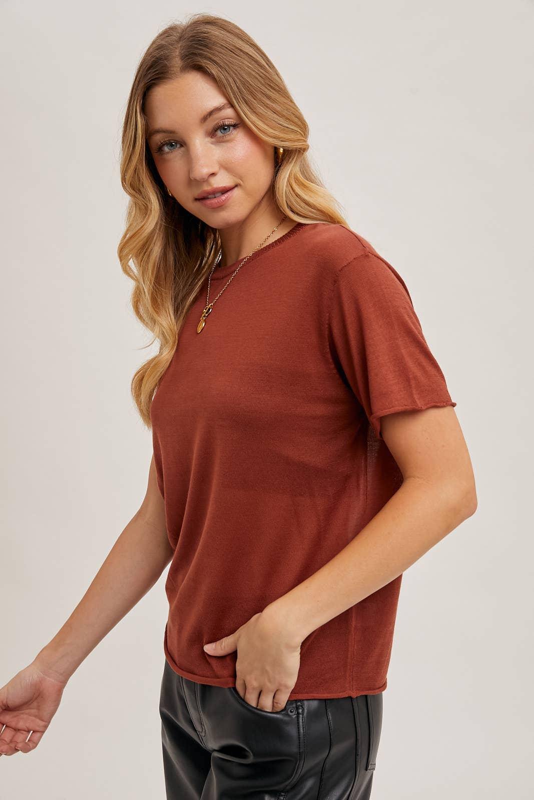 Willow Sheer Knit Crew Neck Tee – Cream & Rust Lightweight Layering Top