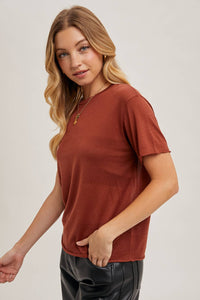 Willow Sheer Knit Crew Neck Tee – Cream & Rust Lightweight Layering Top