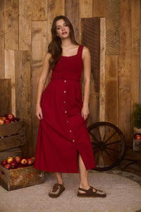 The Josette Smocked Midi Dress – Button-Front Sleeveless Dress in Apple Red