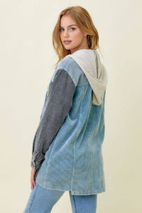 Sadie Color Block Corduroy Hoodie Shacket – Washed Button Down Hi-Low Hem