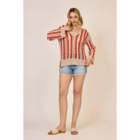 Sunset Stripe Open Knit Sweater: Taupe/ Tomato
