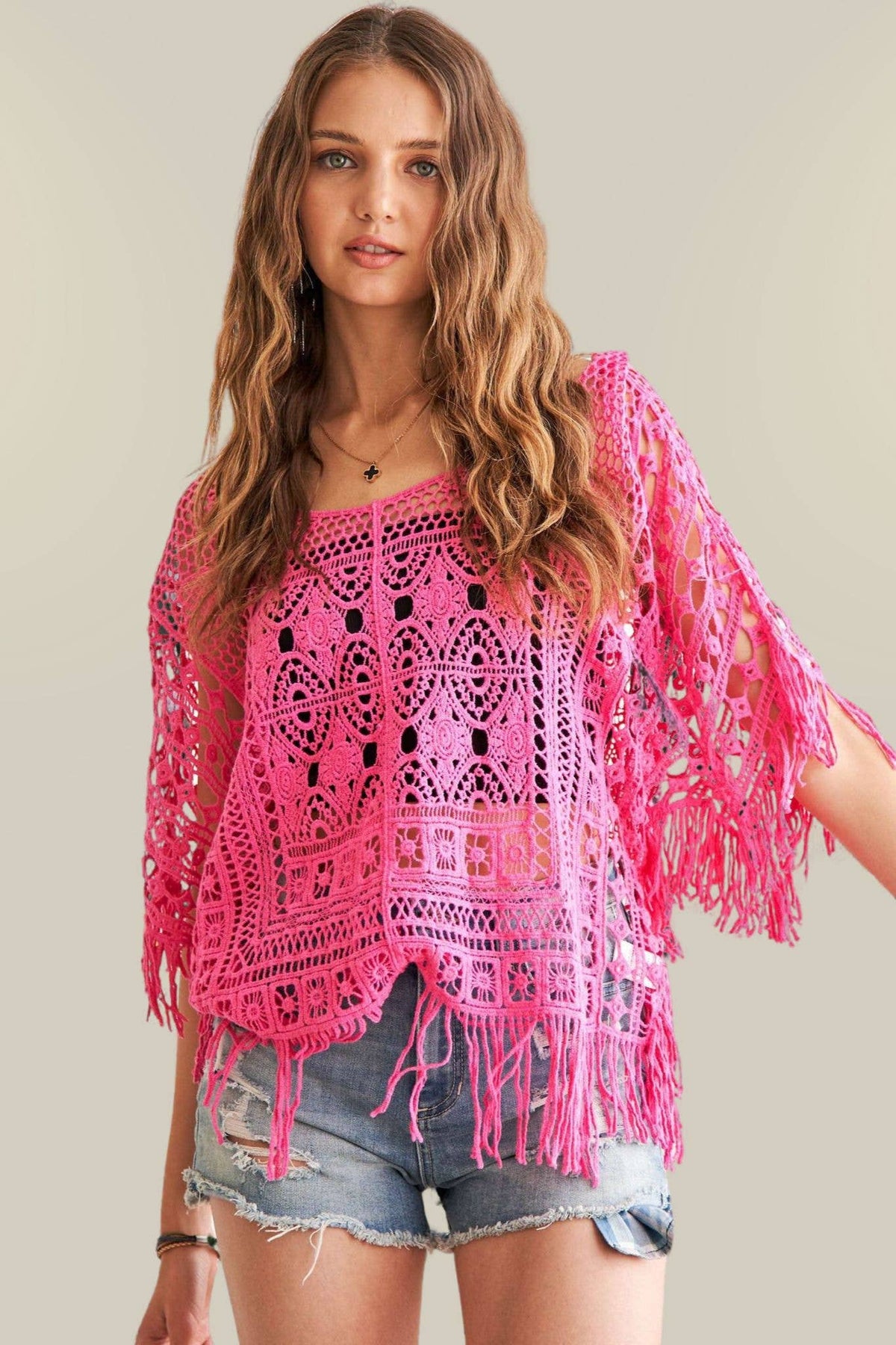 FRINGE HEM CROCHET TOP - CESW3015: Natural / ONESIZE(6)