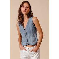 The Hudson Denim Vest: Light Wash  – Vintage Wash Button Front Denim Top