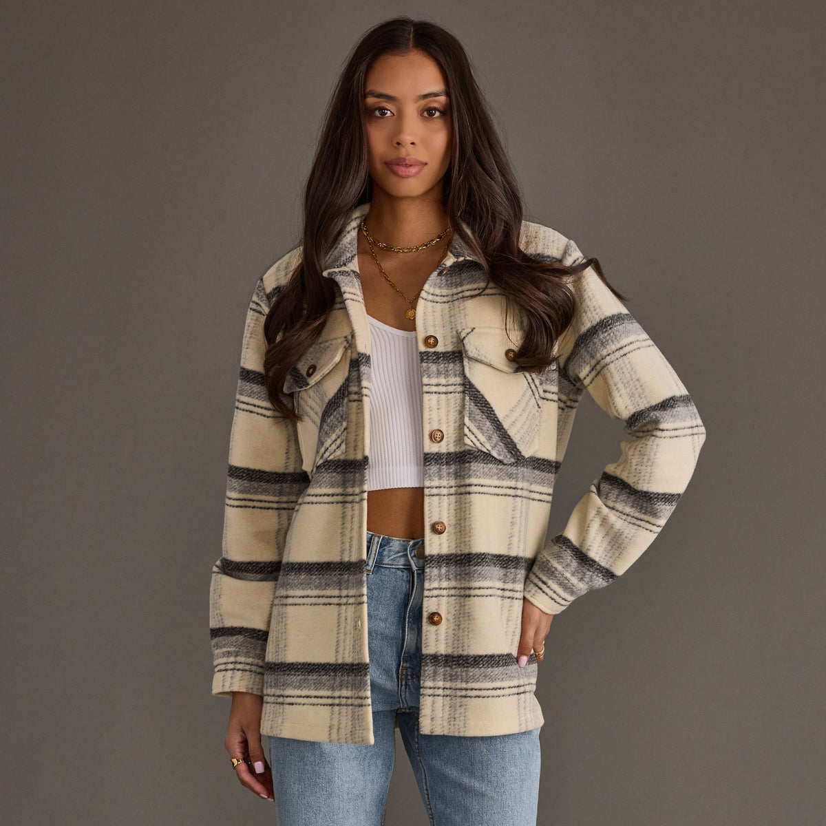 Cream, Black & Gray Plaid Jacket