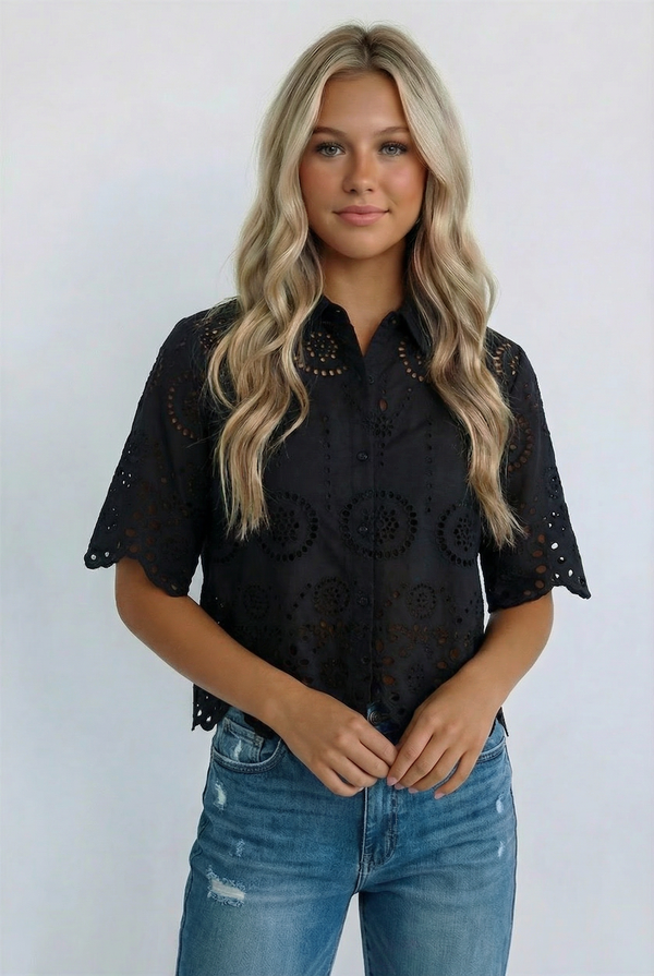 The Charlotte Eyelet Button Blouse: Black