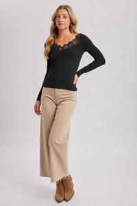 Maren Lace-Trim Ribbed Long Sleeve Top – Black V-Neck Essential | Northern Belle Boutique