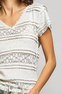 Feminine Lace V Neck Short Sleeve Top Trim Raw Edge: CREAM / S