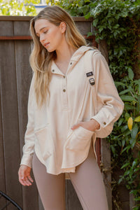 Gabby Exposed Seam Half Button Hoodie Top: Ivory