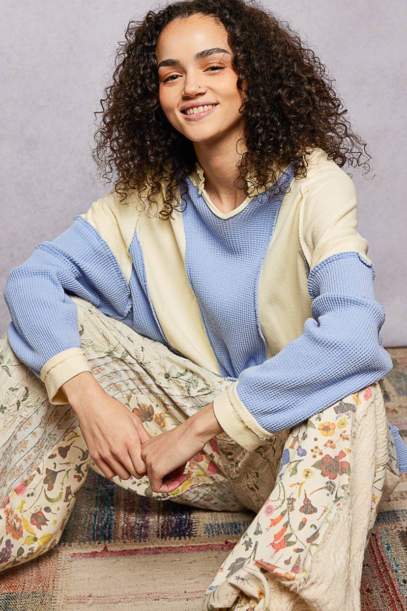 Notched Neck Contrast Fabric Basic Long Sleeve Top SALE: GREY MULTI / L