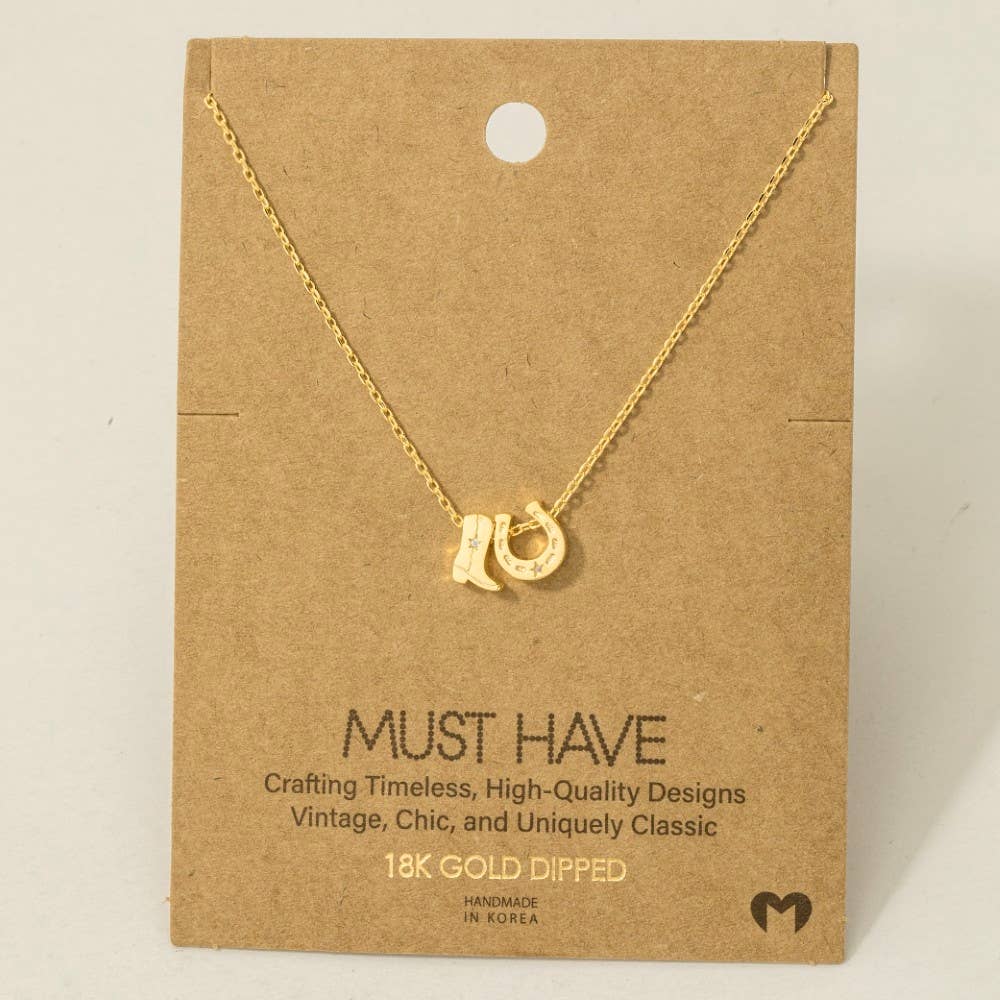 Lucky Cowgirl Charm Necklace – Western Boot & Horseshoe Pendant in Gold or Silver