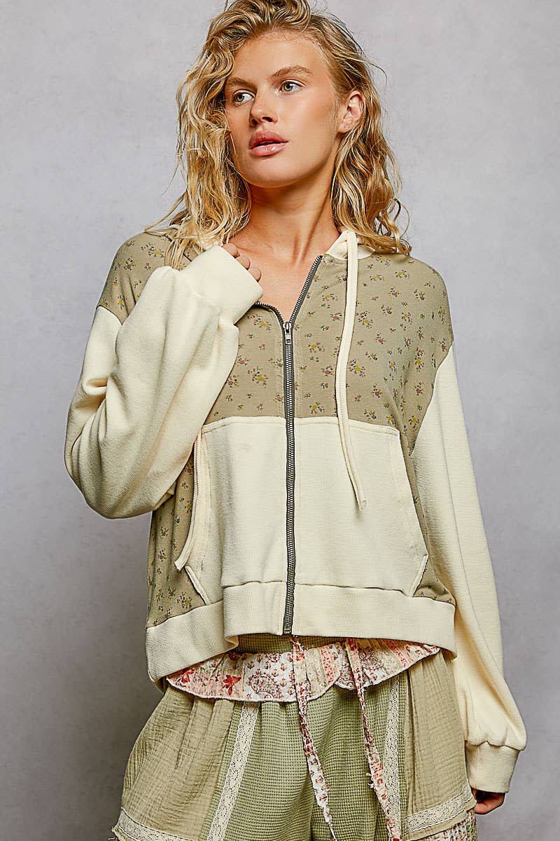 The Wildflower Weekend Hoodie: Sage Floral Print Thermal Patch Hoodie – Long Sleeve Knit Regular Fit Top