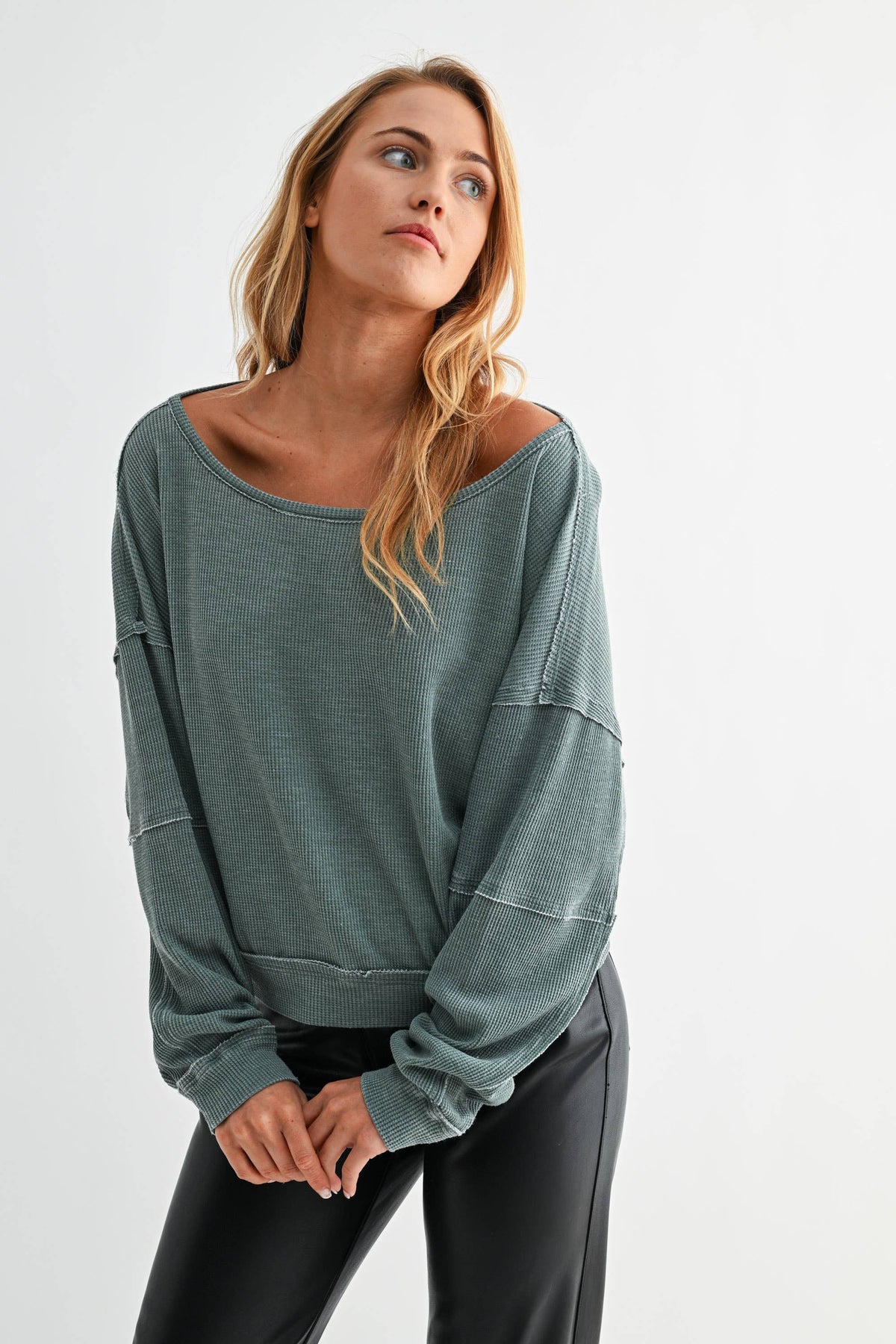 The Juniper Mineral Wash Waffle Knit Top: Pine – Boat Neck Long Sleeve