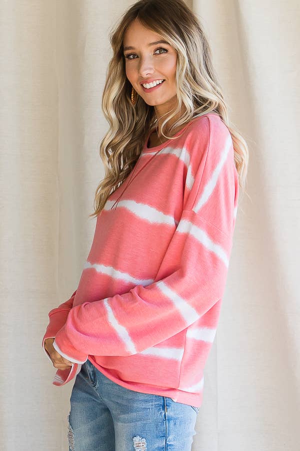 Zoe Tie Die Comfy Casual Long Sleeve Top: Coral