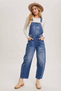 Juniper Barrel Leg Denim Overalls – Vintage Medium Wash Barrel-Leg Overalls with Adjustable Straps
