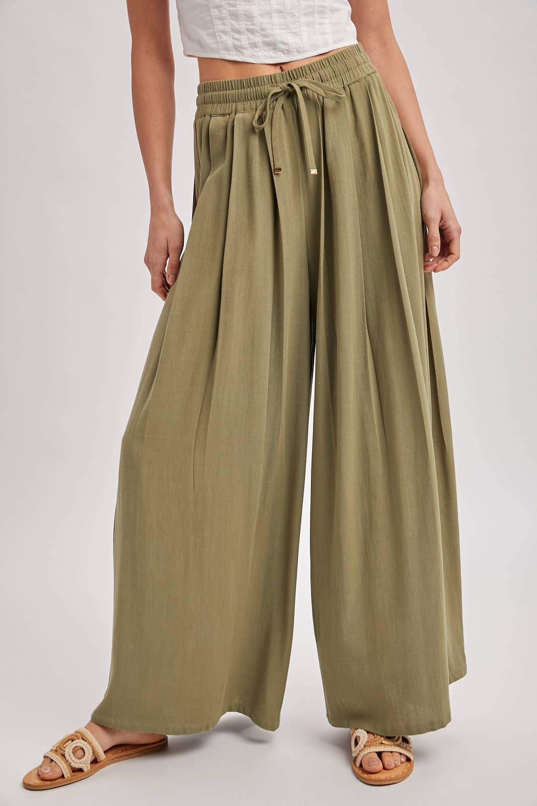 The Everly Flowing Wide Leg Pants: Lt Olive – High Waist Drawstring Palazzo