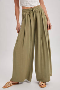 The Everly Flowing Wide Leg Pants: Lt Olive – High Waist Drawstring Palazzo