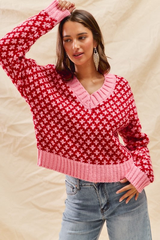 Poppy V-Neck Textured Holiday Sweater – Pink & Red Colorblock Knit Top