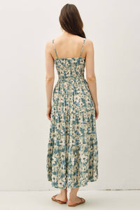 The Ellery Floral Tiered Midi Maxi Dress: Teal – Smocked Back Adjustable Strap Boutique Dress for Women