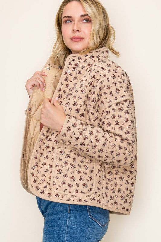 Eloise Ditsy Floral Quilted Jacket – Button Front Cotton Layer with Pockets