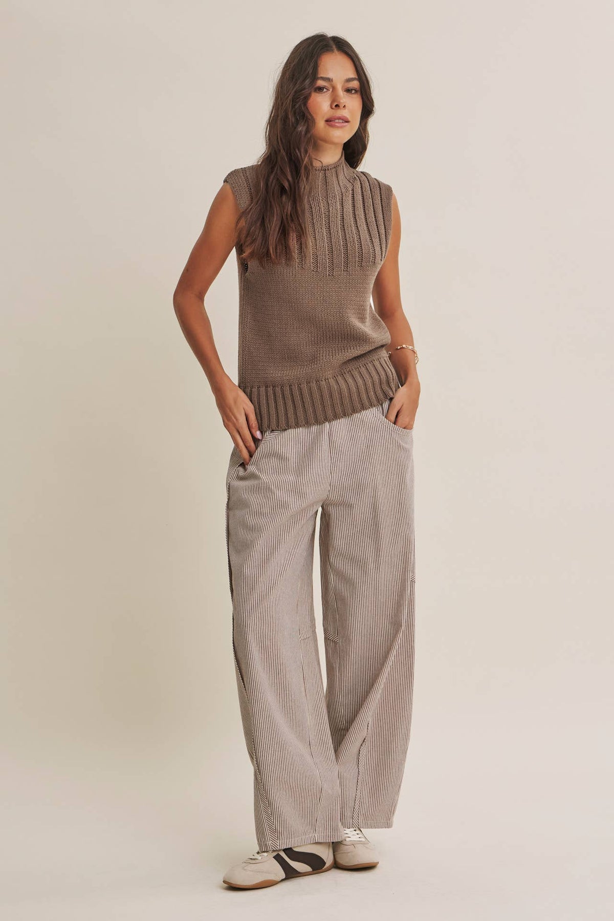 ALL ABOUT COMFORT ELASTIC STRIPE COTTON BARREL PANTS: DK. GREEN / L