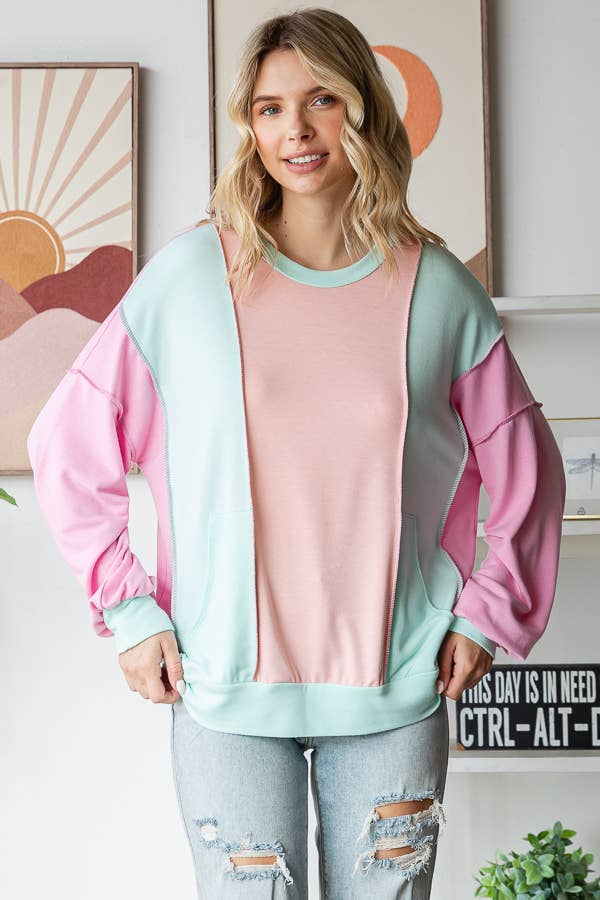 Amiee Sping Colorblock Pullover Crew Neck Long Sleeve Top: Mint