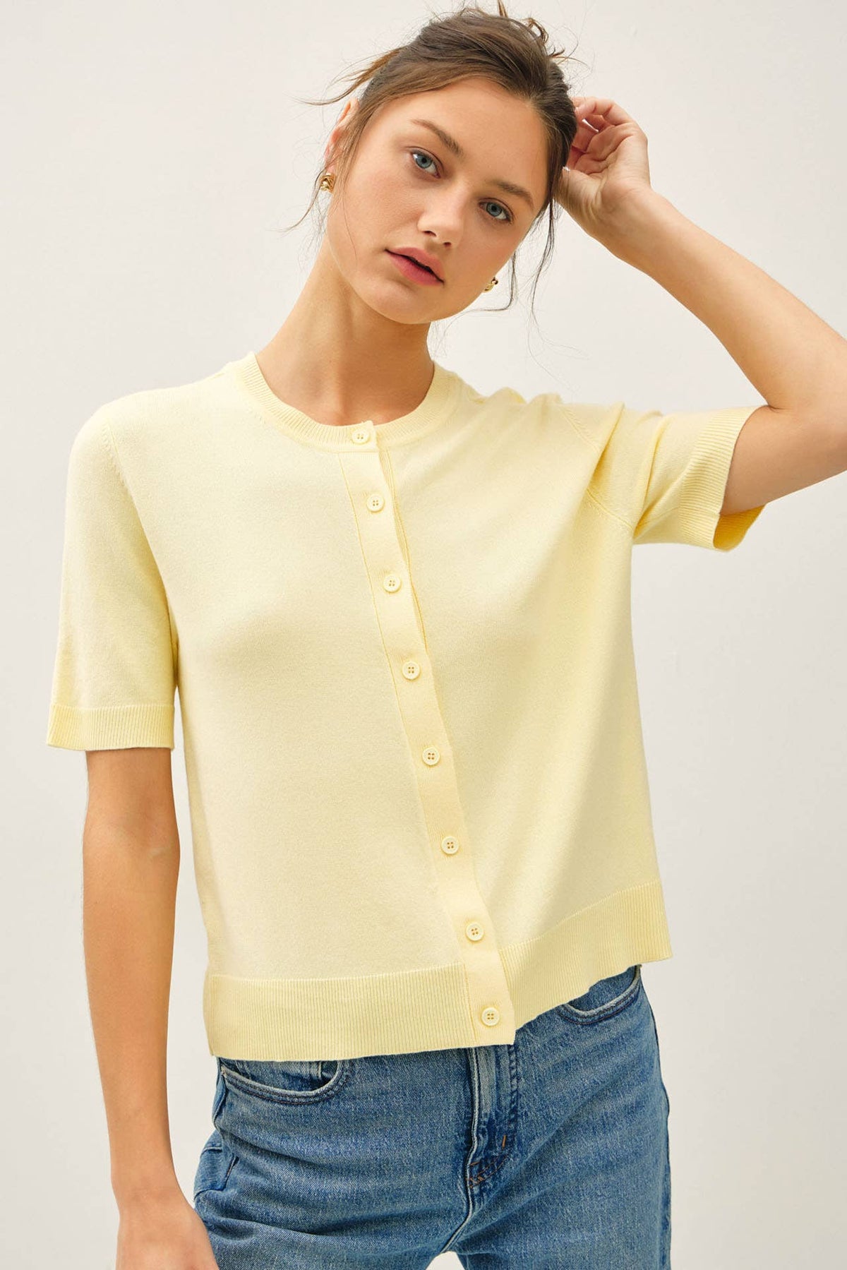 The Ellison Fine Gauge Knit Cardigan: Banana  – Soft Short Sleeve Button Front Sweater for Women
