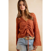 The Harvest Glow Ruched Knit Sweater: Terracotta