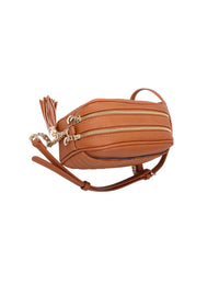 Veronica V-Stitch Tassel Crossbody Bag – Coffee & Stone | Faux Leather Small Purse with Double Zipper Top, Adjustable Strap, Gold Hardware
