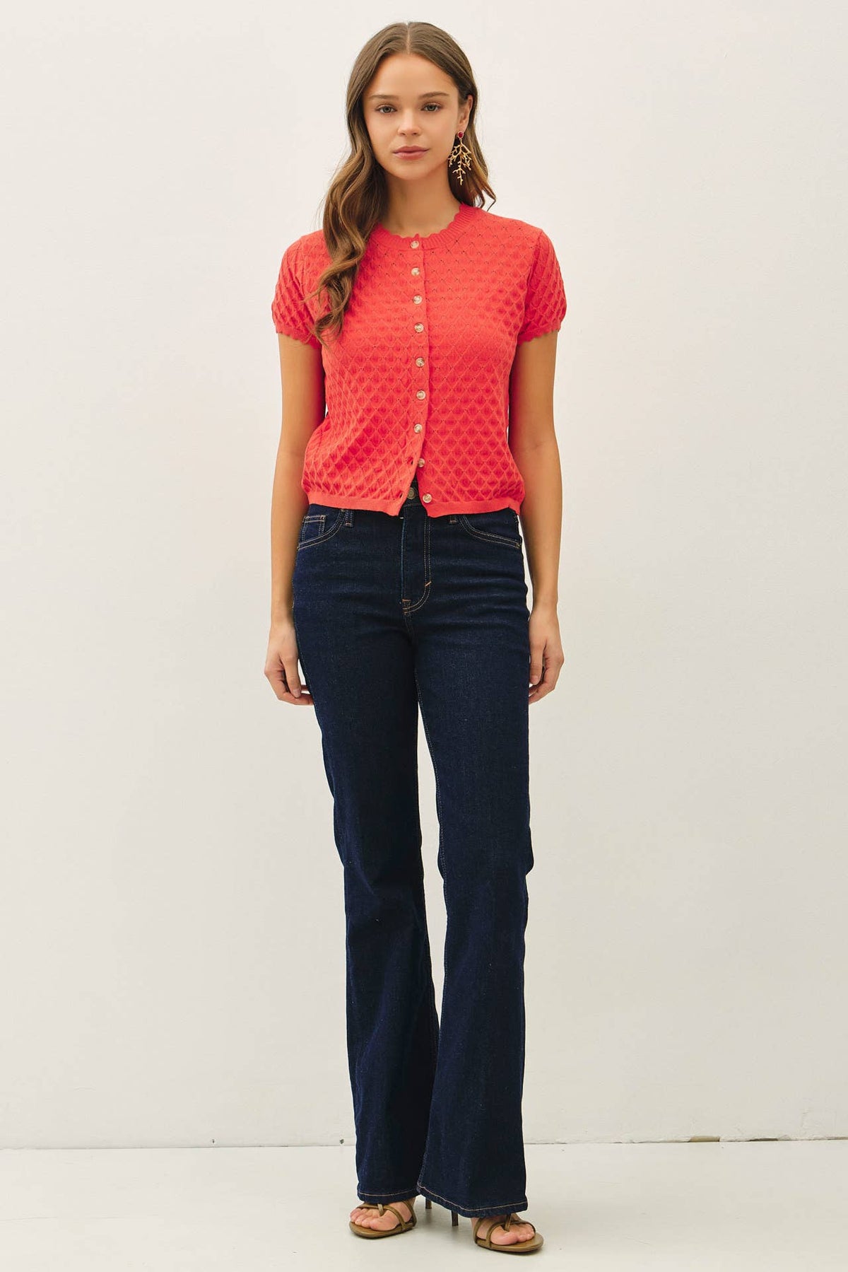 Eloise Pointelle Knit Cardigan: Tomato Red