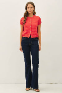 Eloise Pointelle Knit Cardigan: Tomato Red