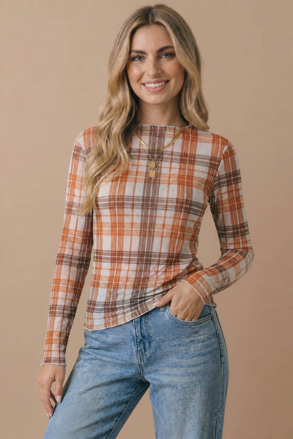 Autumn Theory Plaid Mesh Layering Top: Oatmeal/ Rust