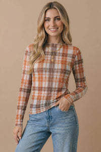 Autumn Theory Plaid Mesh Layering Top: Oatmeal/ Rust