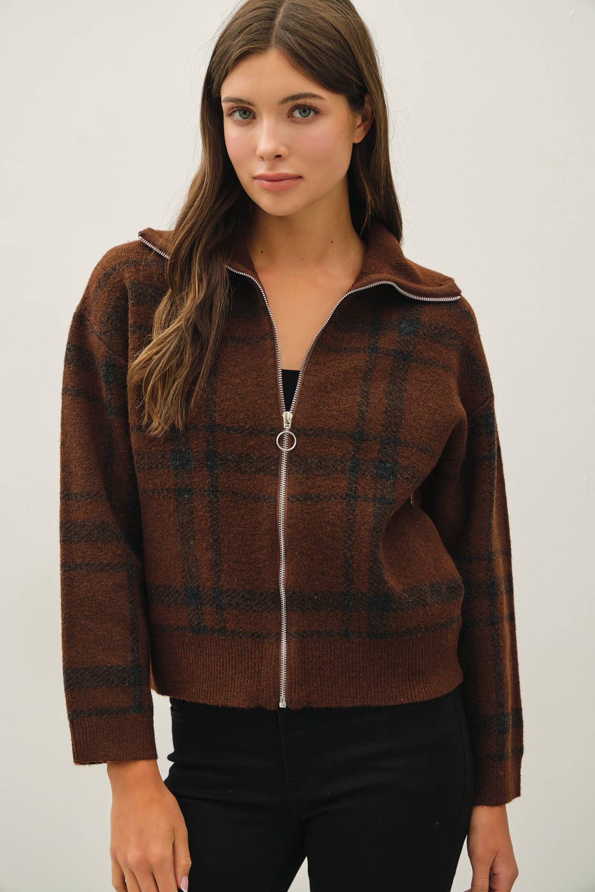 Checked Out Sweater Jacket: Brown