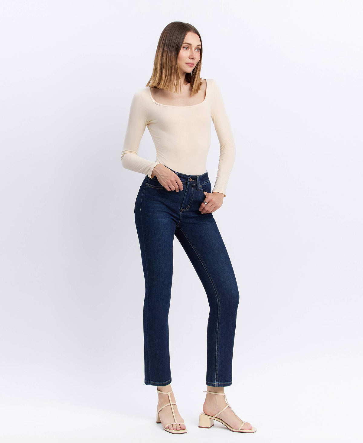 Vervet By Flying Monkey "Maren" High Rise Slim Straight Ankle Jeans – Dark Wash Denim