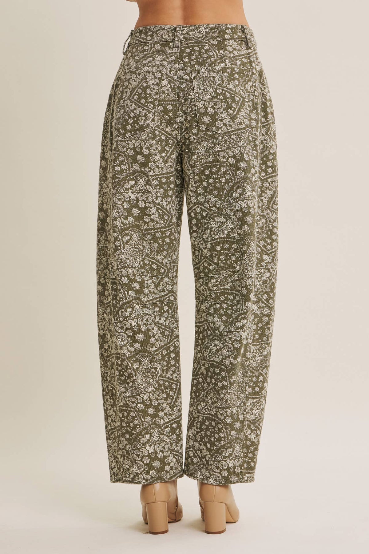 SUNFADED MARKET DAY  PAISLEY BARREL PANTS: ANTIQUE OLIVE