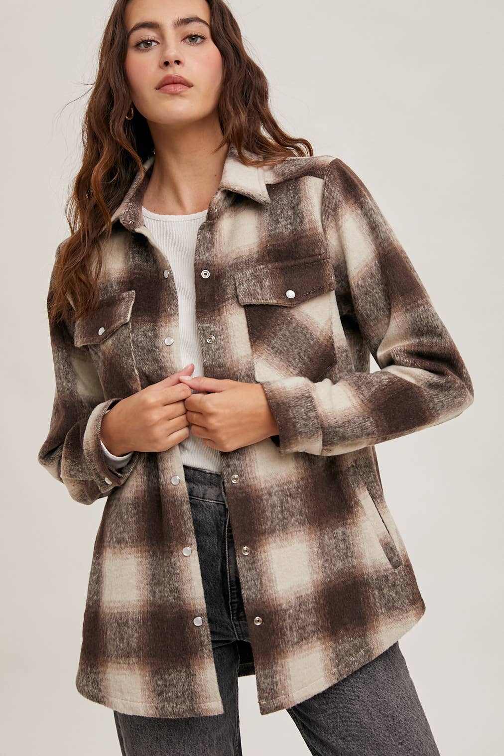 Dakota Plaid Flannel Shacket with Pockets – Brown Cream & Rust Ivory
