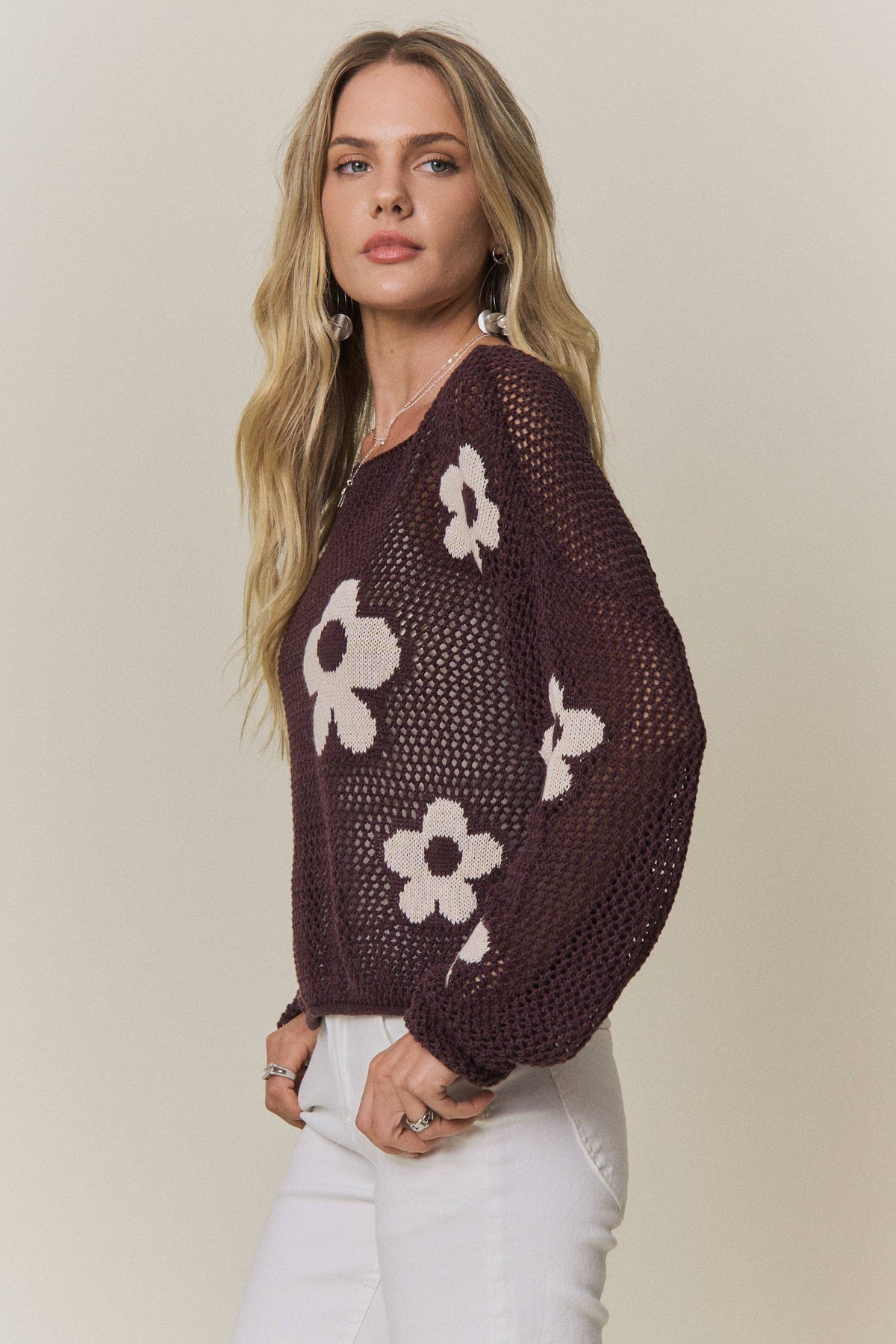Lila Floral Open Knit Sweater: Blackberry