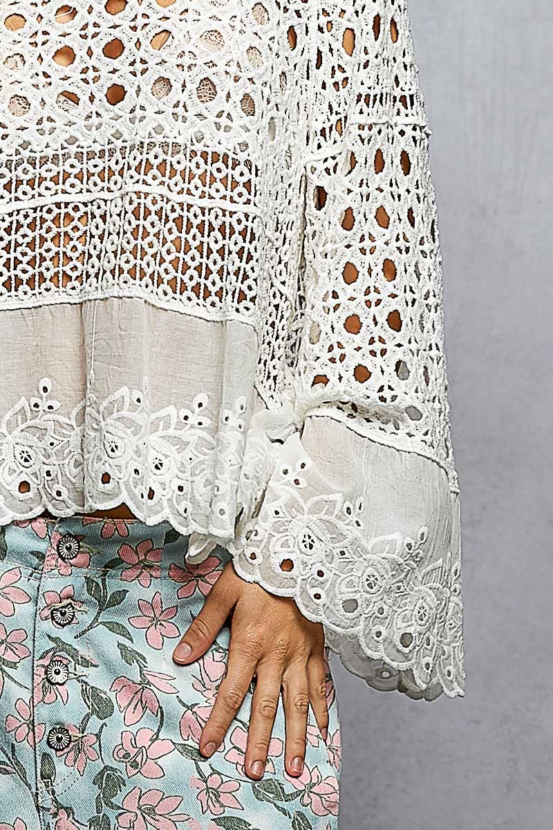 Long Sleeve Round Neck Women Crochet Top: NATURAL / OS