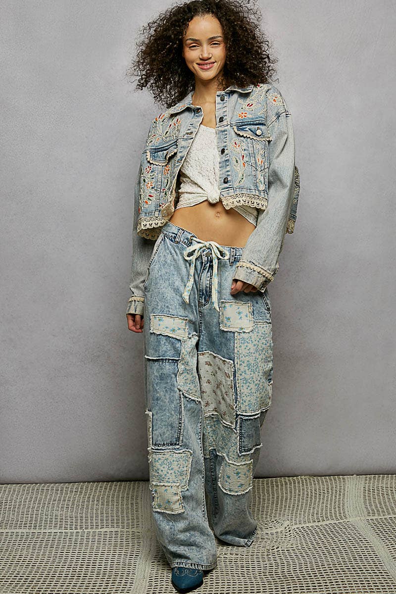 Magnolia Mae Embroidery Lace Trim Denim Jacket