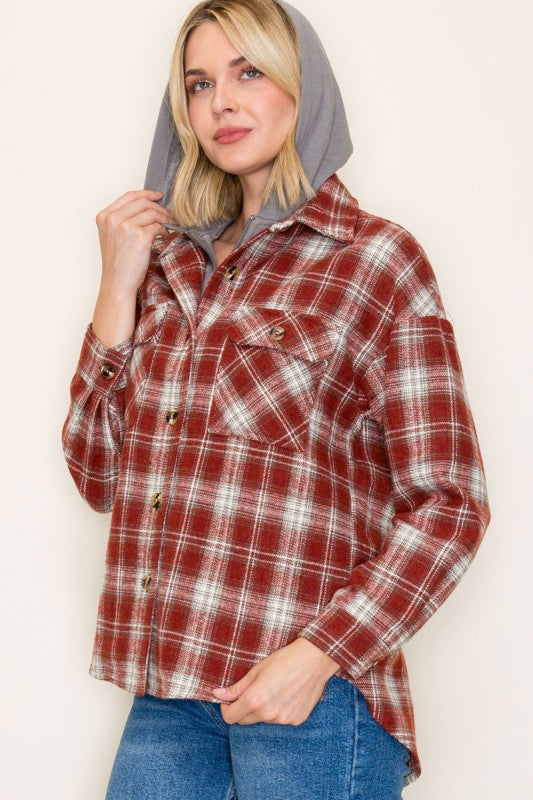 Briarwood Plaid Hoodie Shacket – Button Down Plaid Jacket with French Terry Hood
