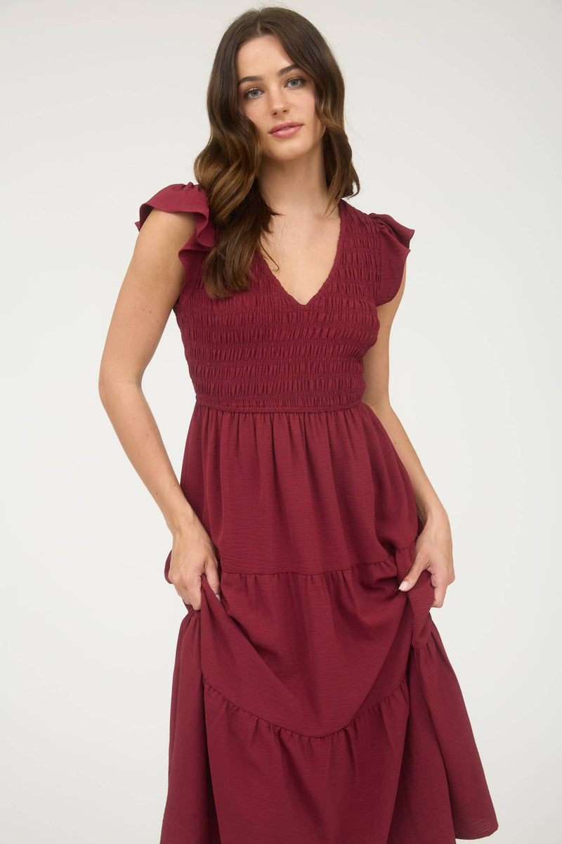 The Sutton Smocked Flutter Sleeve Midi Dress – Wine Tiered Lined Dress