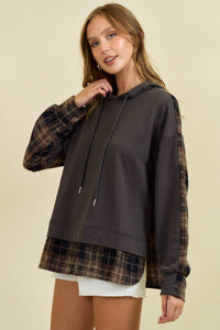 Hadley Mixed Media Flannel Hoodie – French Terry Pullover with Plaid Contrast | Northern Belle Boutique