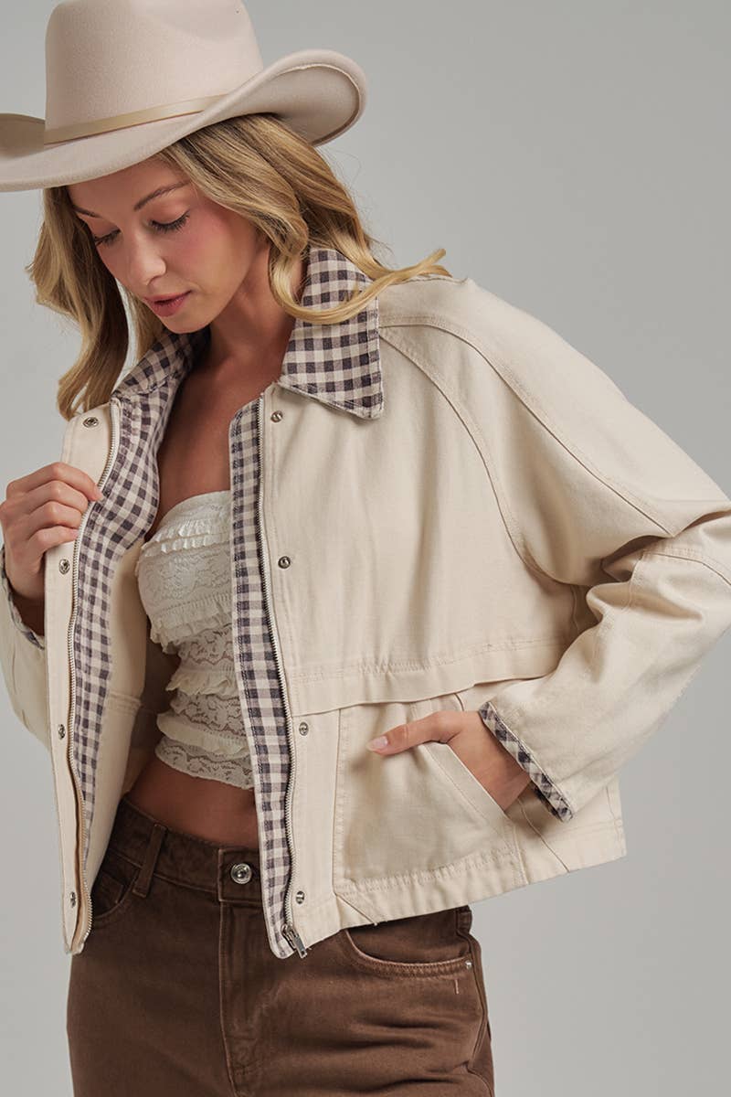 Checked Out Canvas Jacket: Oatmeal/ Brown