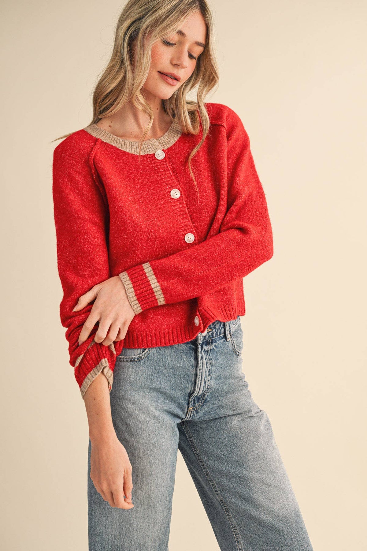 The Maren Two-Tone Knit Cardigan: Red/Beige – Women’s Contrast Button-Down Sweater, Raglan Sleeve Knitwear, Casual Cold Weather Layer