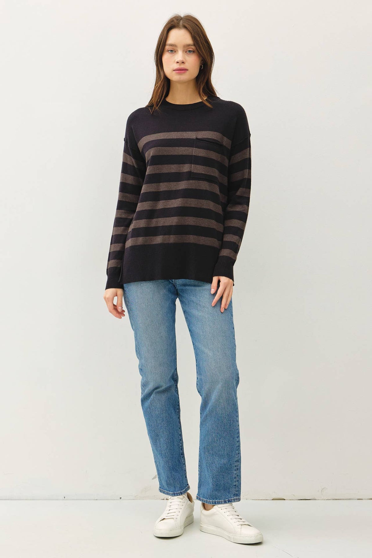 The Finley Striped Pocket Sweater: Charcoal – Relaxed Everyday Knit Sweater