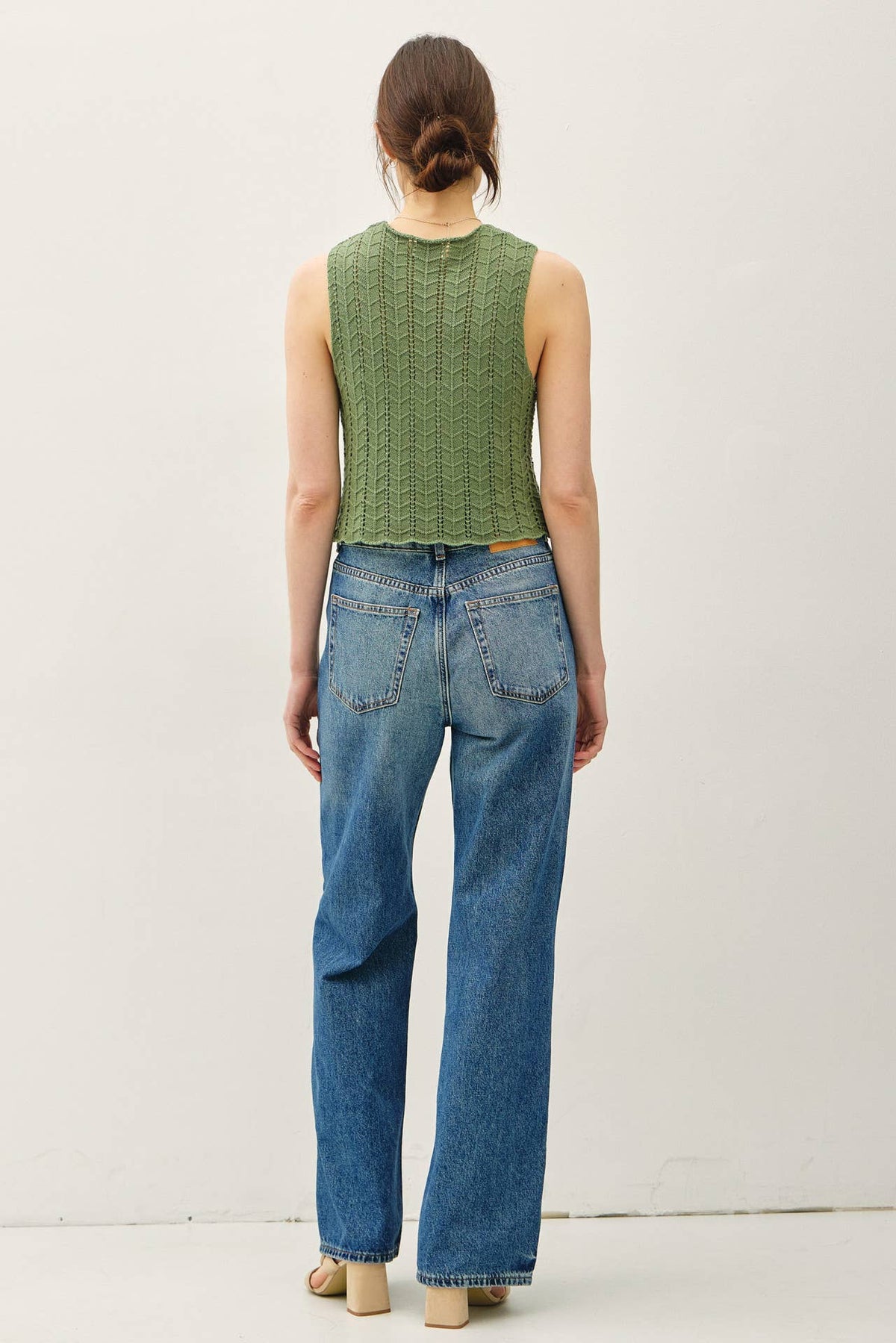 The Bellamy Knit Tie Vest: Soft Pine – Soft Sweater Vest with Wavy Hem Detail for Women