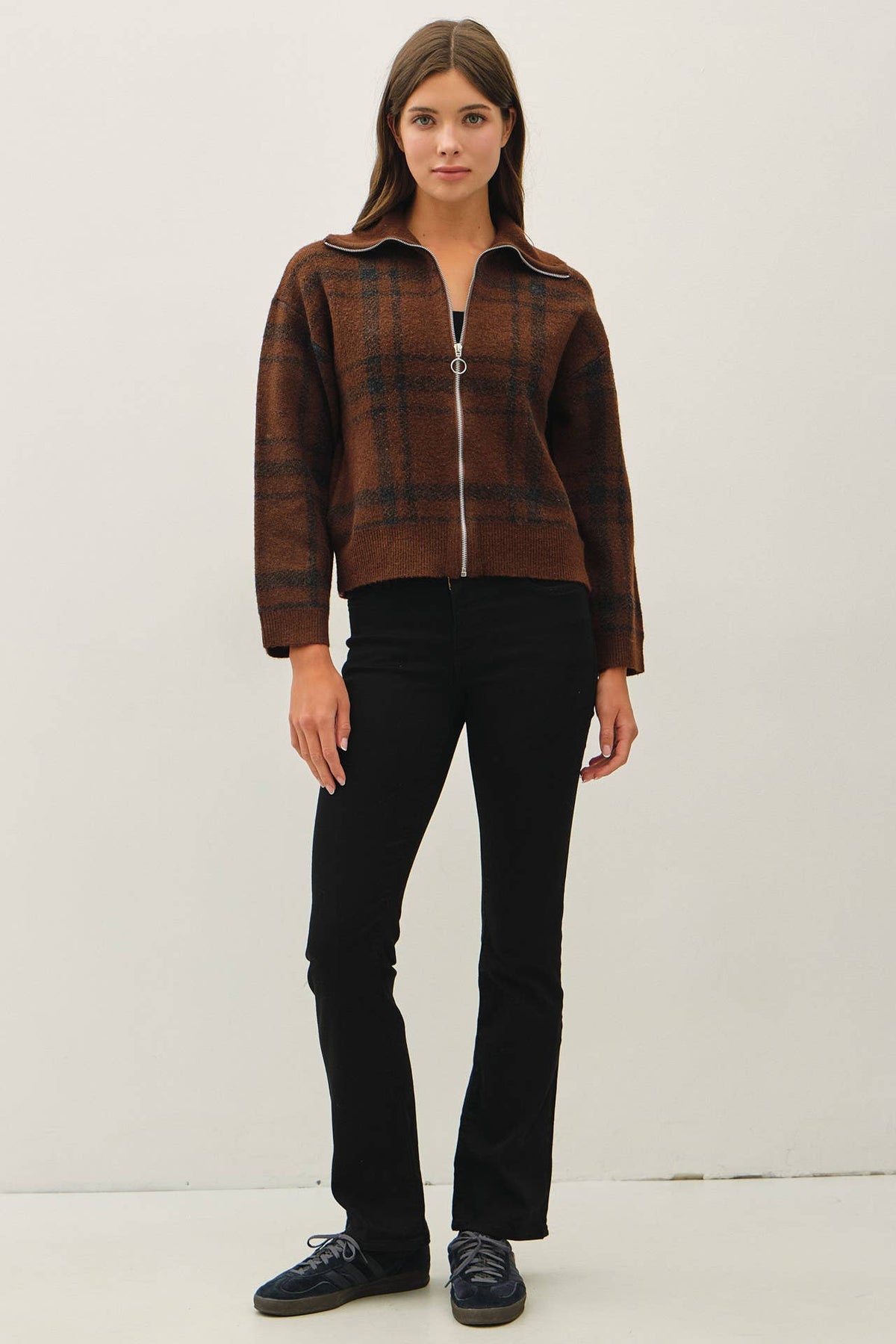 Checked Out Sweater Jacket: Brown